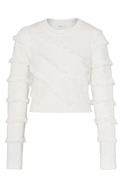 Shop Milly Fringe Stripe Crop Sweater In Ecru