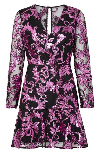 Shop Milly Tove Sequin Paisley Long Sleeve Minidress In Pink Multi