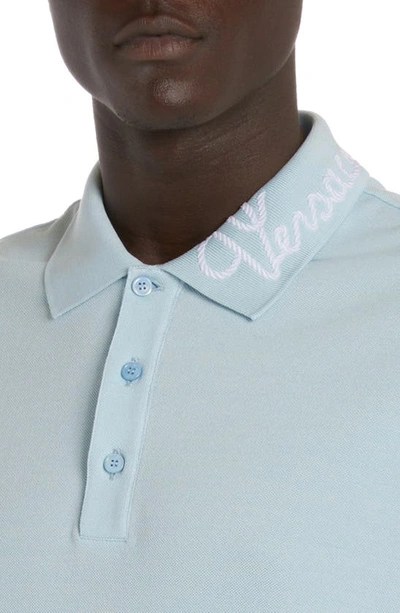 Shop Versace Nautical Logo Embroidered Cotton Piqué Polo In Pale Blue