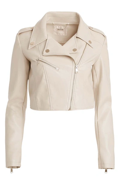 Shop Guess Rochelle Faux Leather Crop Moto Jacket In Beige