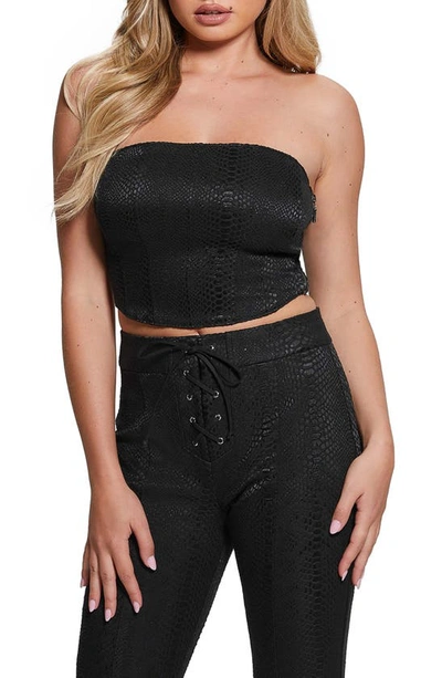 Shop Guess Python Embossed Strapless Faux Leather Crop Top In Black