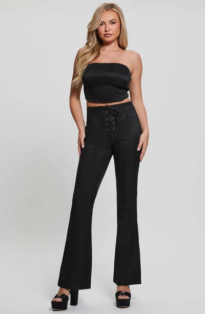 Shop Guess Python Embossed Strapless Faux Leather Crop Top In Black