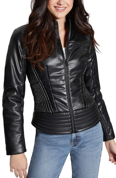 Shop Guess Lea Corset Faux Leather Jacket In Black