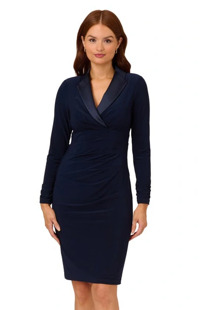Shop Adrianna Papell Long Sleeve Jersey Tuxedo Dress In Midnight