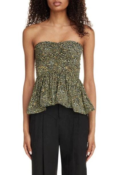 Shop Isabel Marant Ermina Strapless Ruched Peplum Top In Black/ Yellow