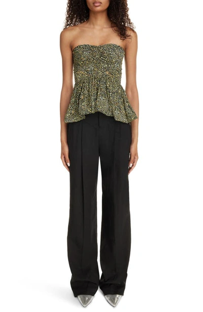 Shop Isabel Marant Ermina Strapless Ruched Peplum Top In Black/ Yellow