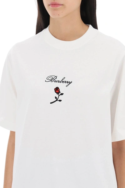 Shop Burberry T-shirt With Embroidery And Flocked Rose Women In White