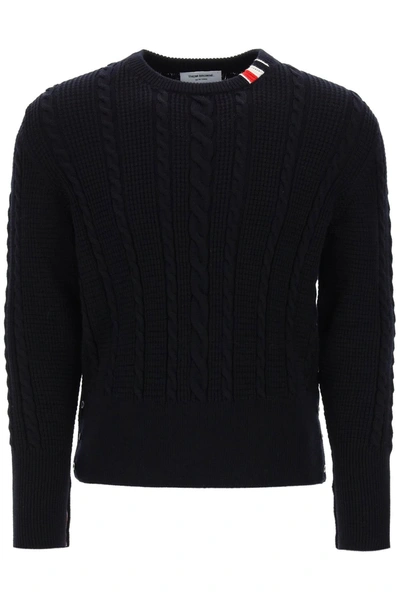 Shop Thom Browne Cable Wool Sweater With Rwb Detail Men In Blue
