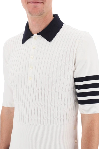 Shop Thom Browne Placed Baby Cable 4-bar Cotton Polo Sweater Men In White