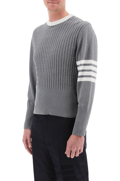 Shop Thom Browne Placed Baby Cable 4-bar Cotton Sweater Men In Gray