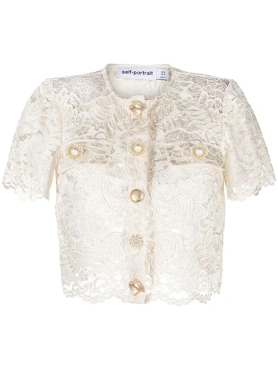 Shop Self-portrait Lace Cropped Top In Beige