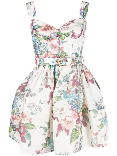 Shop Zimmermann Floral Print Linen And Silk Blend Mini Dress In White