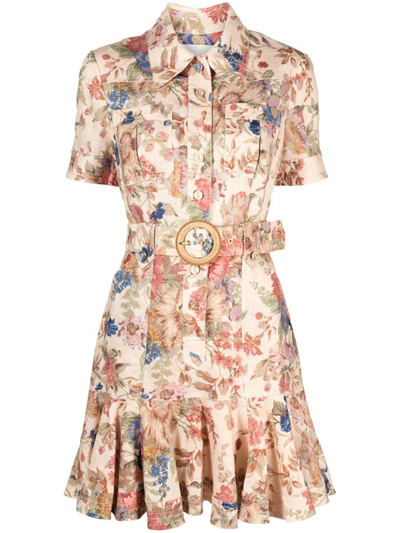 Shop Zimmermann Floral Print Belted Linen Mini Dress In Beige