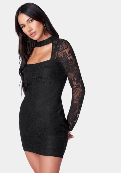 Shop Bebe Long Sleeve Lace Mini Dress In Jet Black