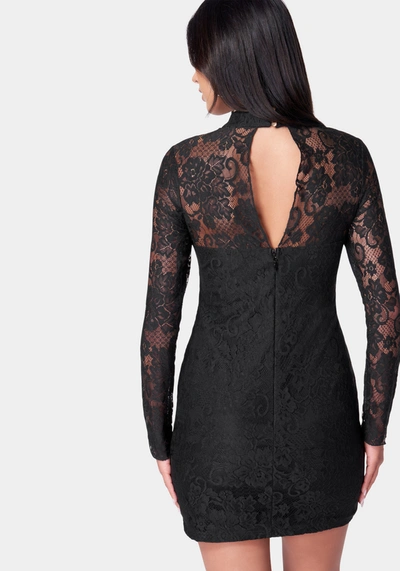 Shop Bebe Long Sleeve Lace Mini Dress In Jet Black