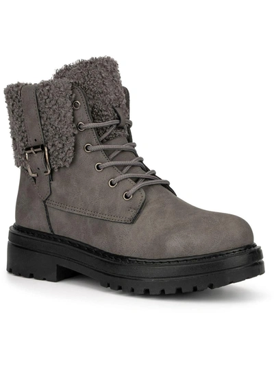 Shop Olivia Miller Womens Faux Fur Lugged Sole Combat & Lace-up Boots In Grey
