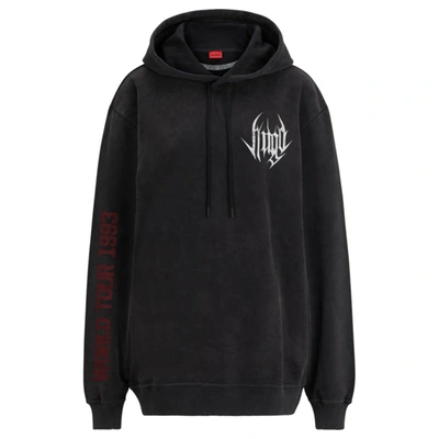 Shop Hugo Peached-cotton Relaxed-fit Hoodie With Seasonal Artwork In Black