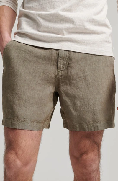 Shop Superdry Studios Overdyed Linen Shorts In Washed Khaki