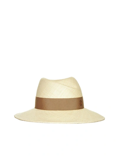 Maison Michel Beige Straw Charles Fedora Hat In Beige