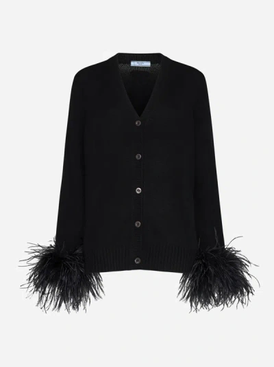 Shop Prada Feathers Cashmere Cardigan In Black