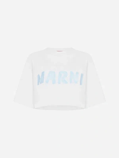 Shop Marni Logo Cotton Cropped T-shirt In White