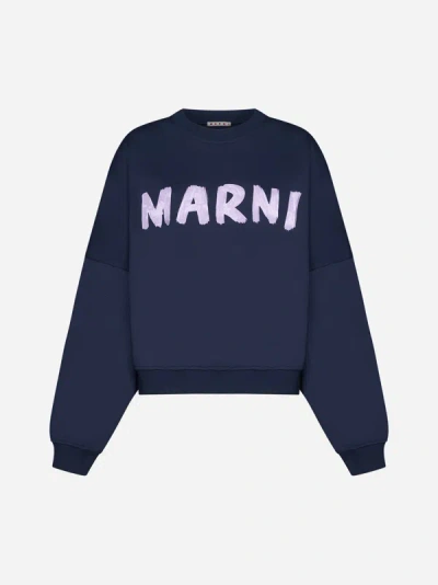 Shop Marni Logo Cotton Sweatshirt In Blue