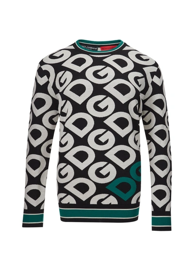 Shop Dolce & Gabbana Black Wool Sweater With White Logo Allover