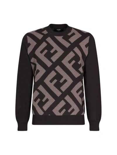Shop Fendi Brown Wool Logo Details Sweater
