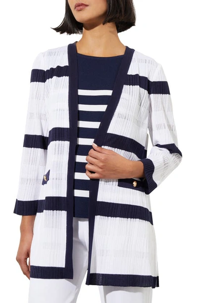 Shop Ming Wang Rib Stripe Sheer Knit Jacket In White/ Indigo