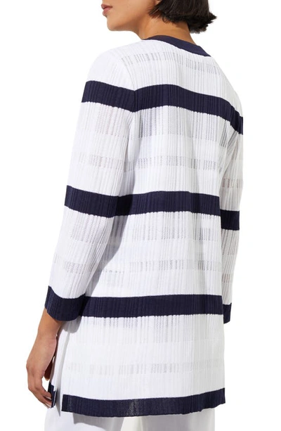 Ming Wang Rib Stripe Sheer Knit Jacket In White/ Indigo