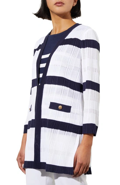 Ming Wang Rib Stripe Sheer Knit Jacket In White/ Indigo