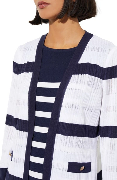 Ming Wang Rib Stripe Sheer Knit Jacket In White/ Indigo