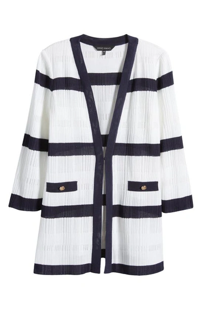 Ming Wang Rib Stripe Sheer Knit Jacket In White/ Indigo