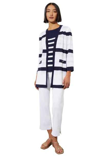 Ming Wang Rib Stripe Sheer Knit Jacket In White/ Indigo