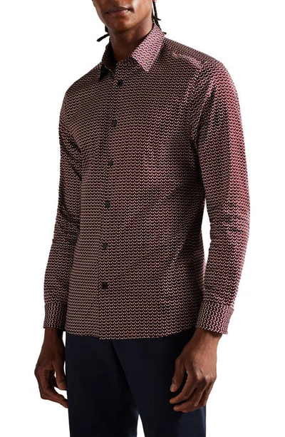 Shop Ted Baker Laceby Slim Fit Geometric Print Stretch Button-up Shirt In Dark Red