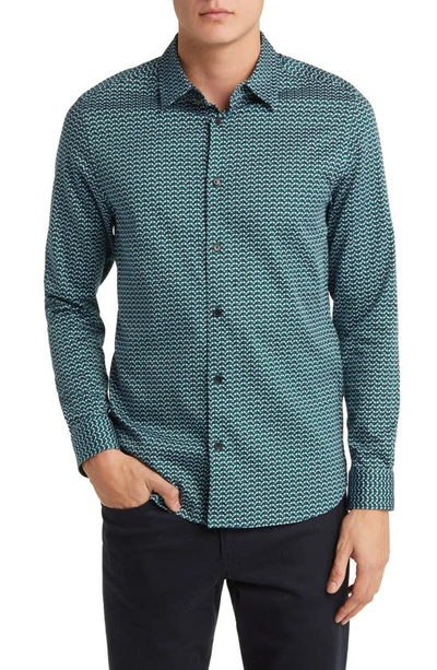 Shop Ted Baker Laceby Slim Fit Geometric Print Stretch Button-up Shirt In Green