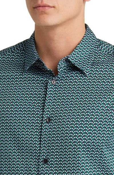 Shop Ted Baker Laceby Slim Fit Geometric Print Stretch Button-up Shirt In Green