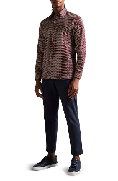 Shop Ted Baker Laceby Slim Fit Geometric Print Stretch Button-up Shirt In Dark Red