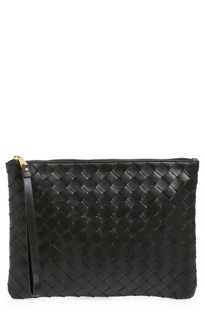 Bottega Veneta Nappa Leather Pouch With Detachable Wrist Handle In Black-gold