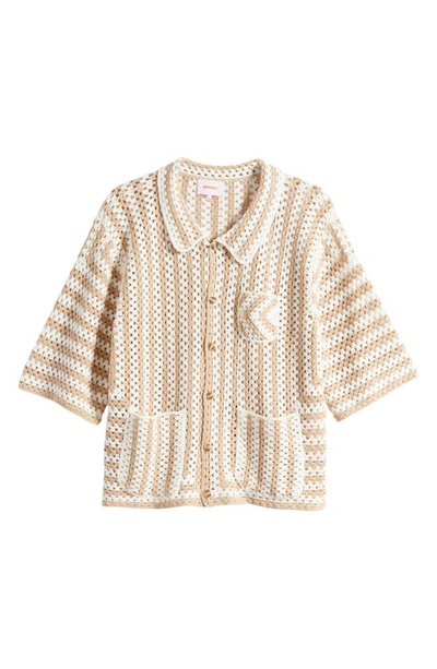 Shop Checks Stripe Crochet Cotton Button-up Shirt In Biscuit