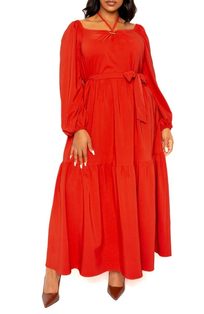 Shop Buxom Couture O-ring Long Sleeve Tiered Maxi Dress In Rust