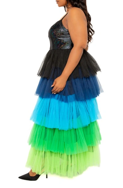 Shop Buxom Couture Colorful Tiered Faux Leather & Tulle Maxi Dress In Blue Multi