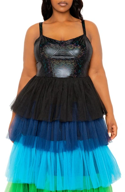 Shop Buxom Couture Colorful Tiered Faux Leather & Tulle Maxi Dress In Blue Multi