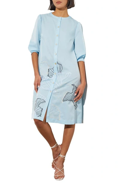 Shop Ming Wang Floral Embroidery Shirtdress In Haze