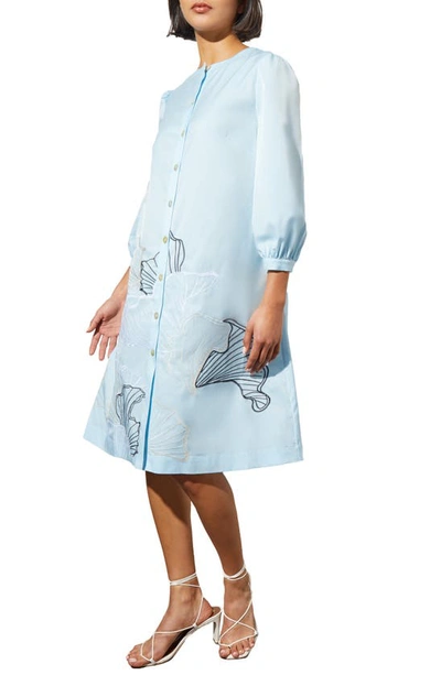 Shop Ming Wang Floral Embroidery Shirtdress In Haze