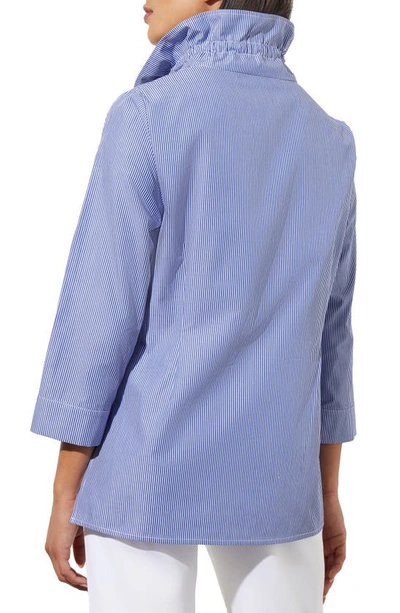 Shop Ming Wang Ruffle Collar Stripe Cotton Shirt In Indigo/ White