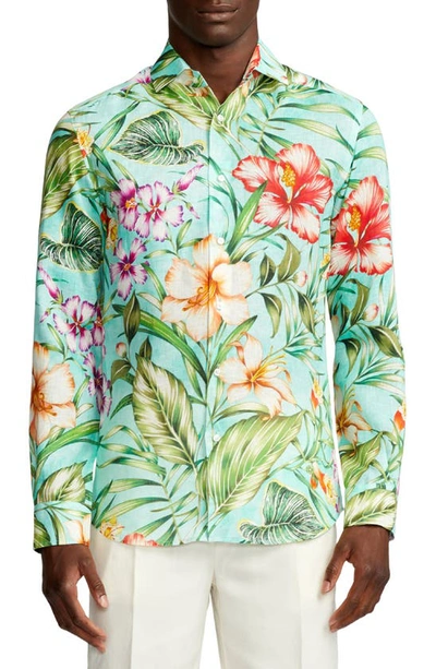 Shop Ralph Lauren Purple Label Serengeti Floral Linen Button-up Shirt In Sea Glass