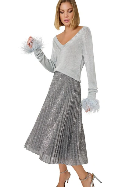 Shop Milly Rayla Sequin Pleated Midi Skirt In Silver