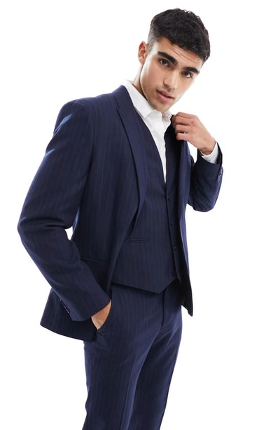 Shop Asos Design Slim Fit Pinstripe Suit Jacket In Navy