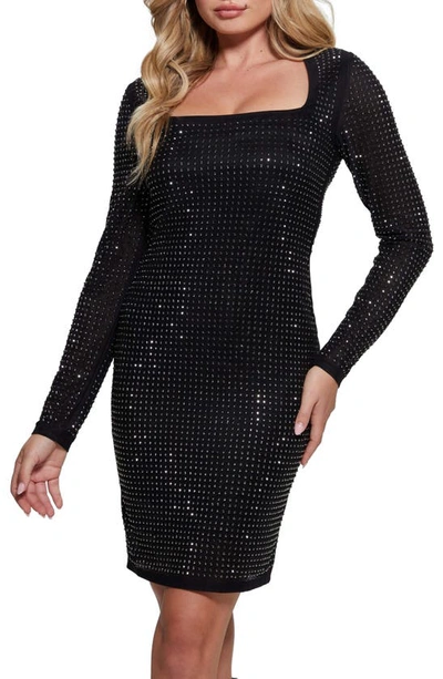 Guess Emilie Rhinestone Long Sleeve Minidress In Black Cave Multi